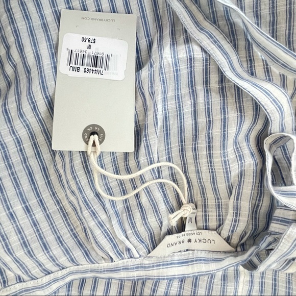 Lucky Brand Off Shoulder Strappy Tie Top Blue White Stripe Boho Medium Crop - Picture 12 of 13